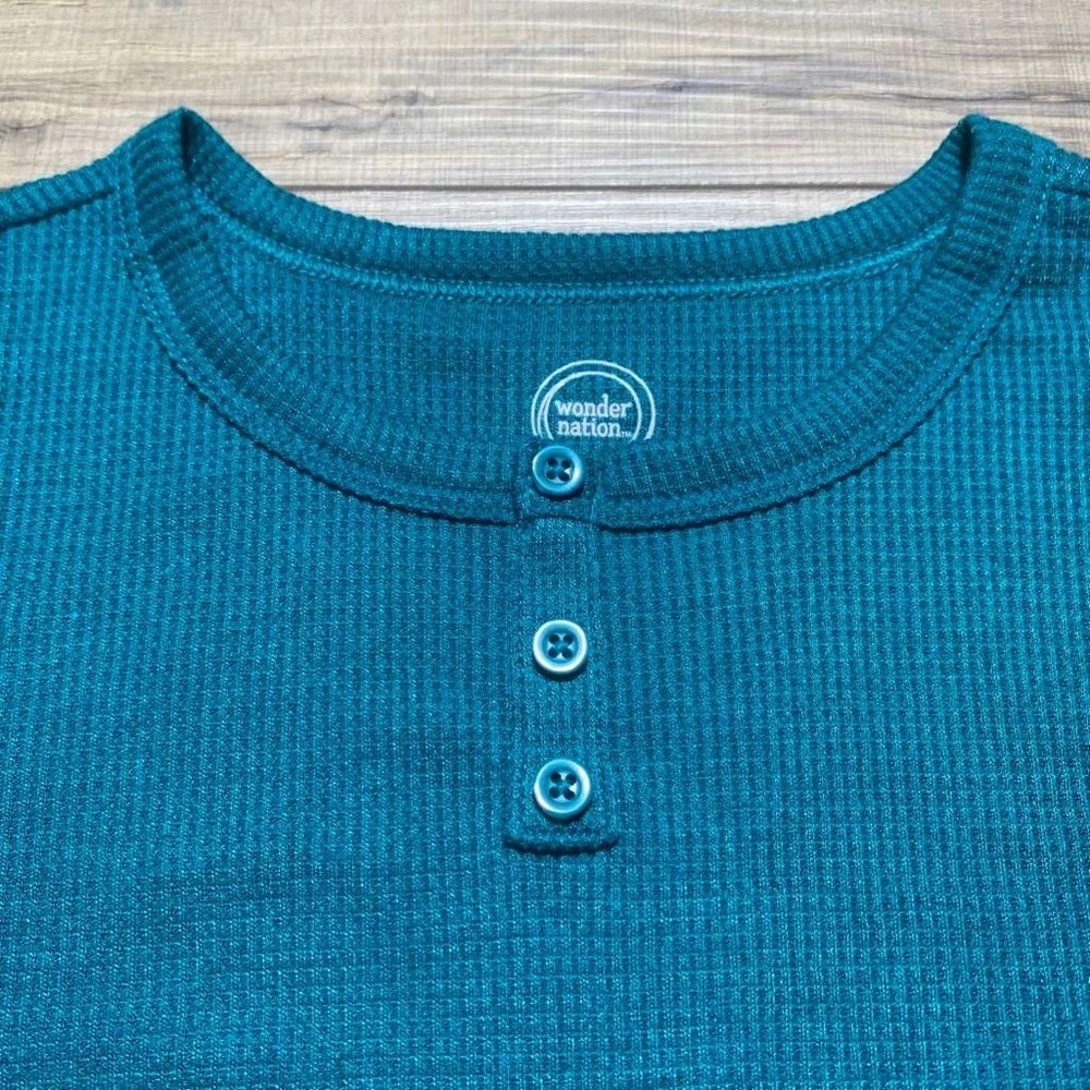 Wonder Nation Girls Short Sleeve Waffle‎ Henley Tee Size M (7-8) Teal Green